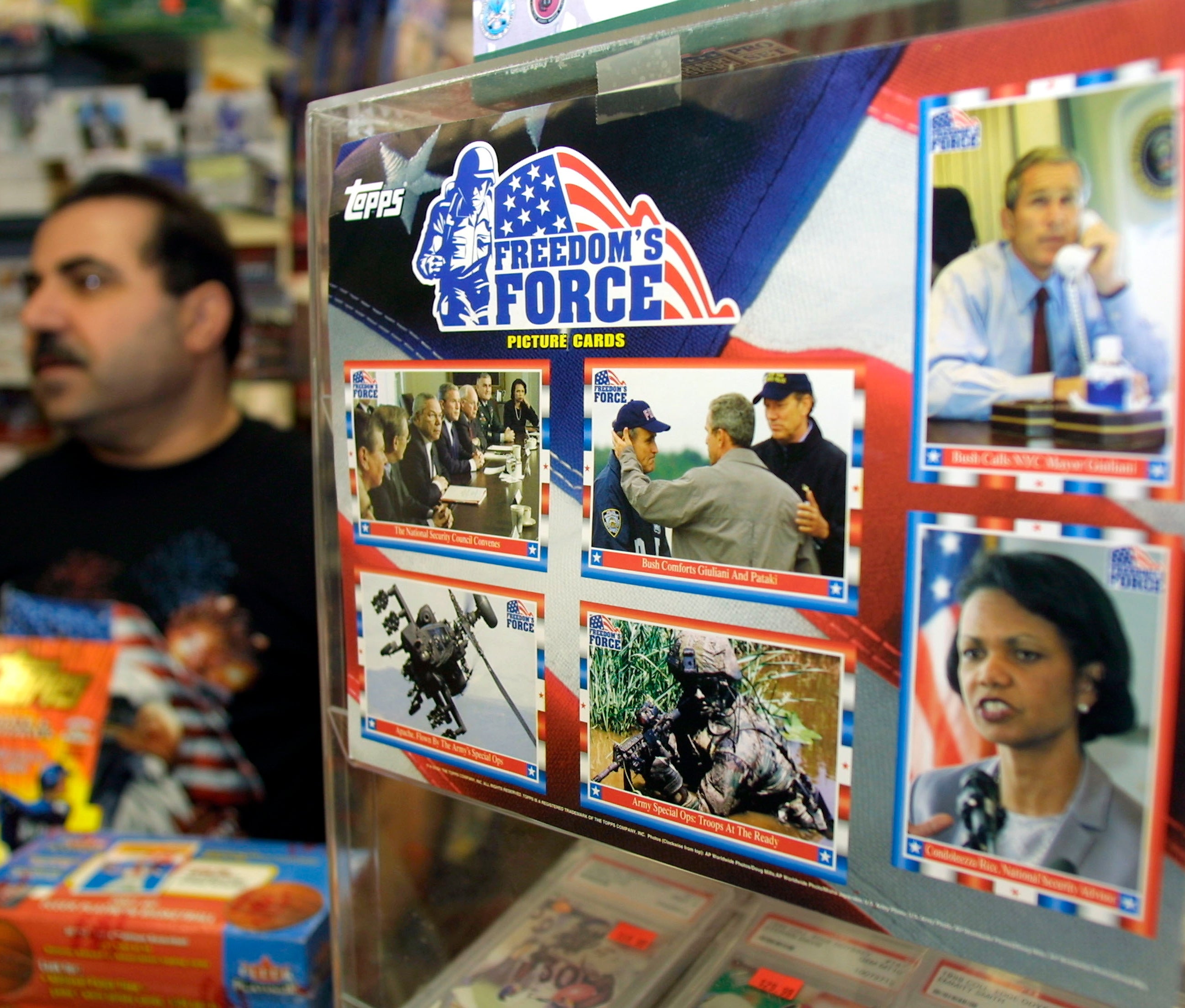 Store show  of "Freedom's Force" representation   cards featuring governmental  figures and subject   themes