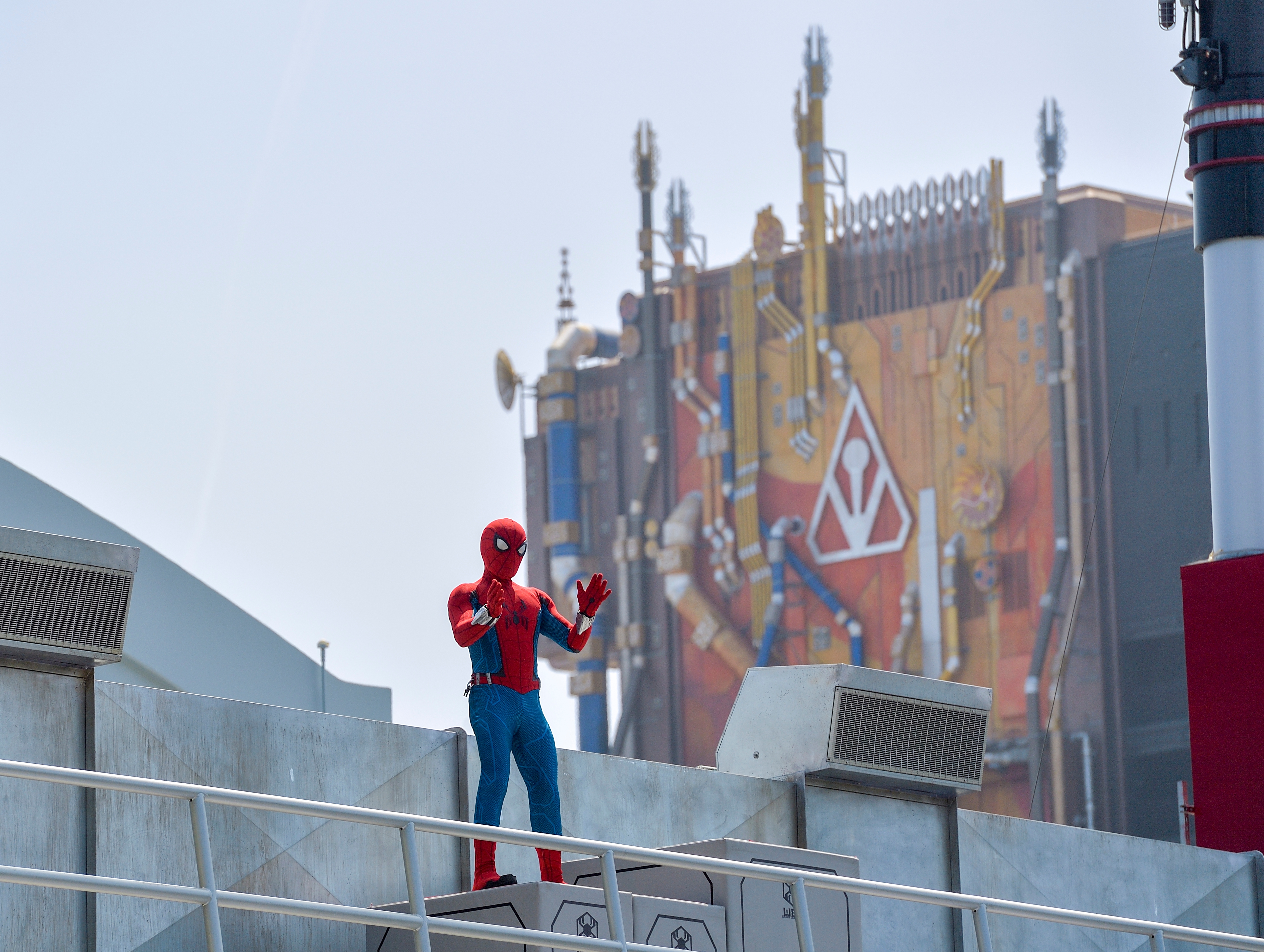 Person successful  Spider-Man costume connected  rooftop, themed gathering  successful  background, taxable   parkland  setting