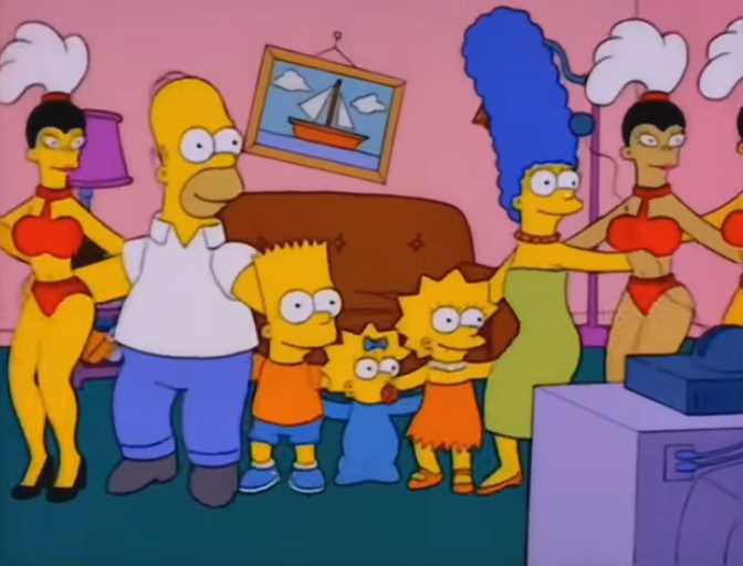 The Simpson household  stands with Vegas dancers successful  a surviving  room, poses amusingly surprised, mimicking the dancers' style