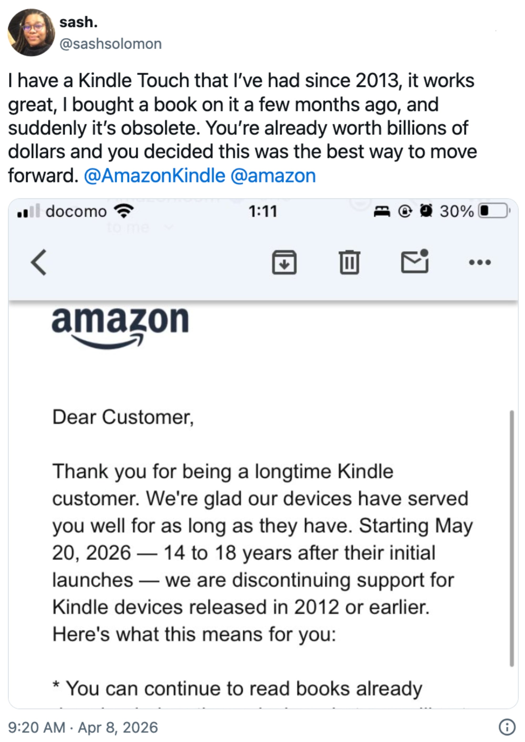 En Kindle Touch-eier siden 2013 finner at enheten deres er foreldet på grunn av Amazons beslutning om å avslutte støtten for eldre modeller innen mai 2026