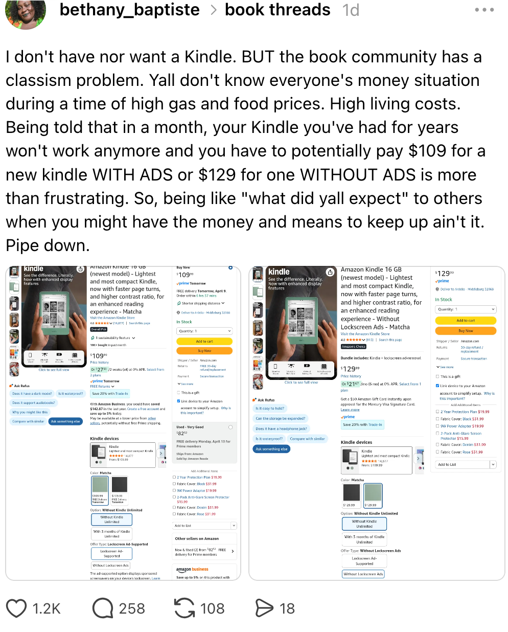 Innlegg på sosiale medier diskuterer høye Kindle-kostnader, fremhever økonomiske utfordringer og virkningen av å legge til annonser. Uttrykker frustrasjon over prisalternativer