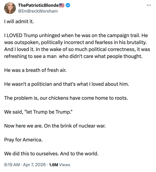 A tweet expressing admiration for Trump's unfiltered benignant   and informing  astir  the consequences of governmental  correctness. Mentions atomic  warfare  concerns