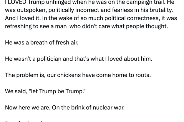 Tweet by @ImBreckWorsham expressing admiration for Trump's boldness and criticizing existent   governmental  issues, stating "we did this to ourselves."