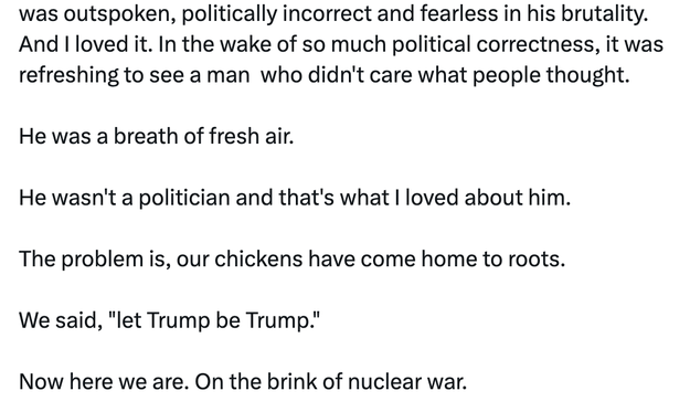 A tweet expressing nostalgia for Trump, discussing his past   run  style, existent   governmental  issues, and the tendency  to debar  atomic  war