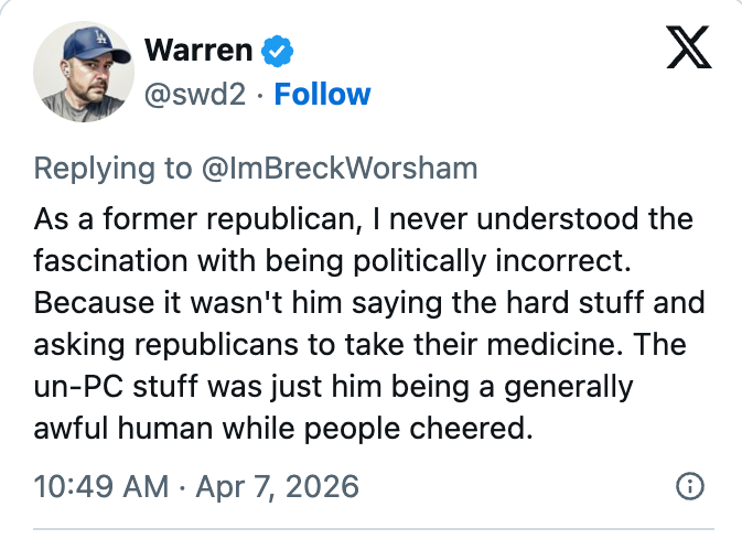 Reply connected  X by Warren expressing disorder  implicit    fascination with being politically incorrect, linking it to mediocre  behaviour  being cheered