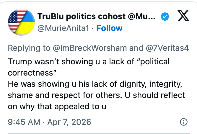 Tweet criticizing Trump's respect, integrity, and dignity, suggesting reflection   connected  idiosyncratic   appeal