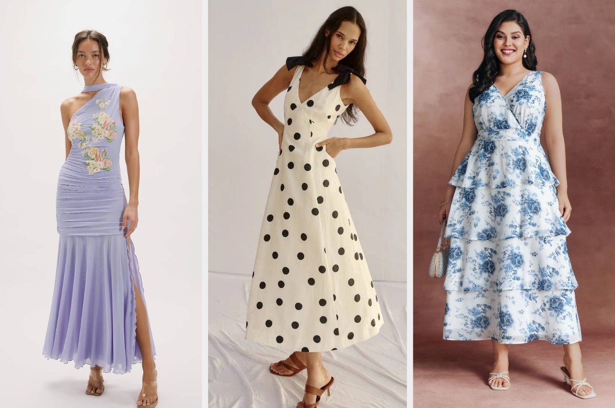 Three women modeling different dresses: one with floral detail, another in a polka dot design, and the third in a tiered floral print