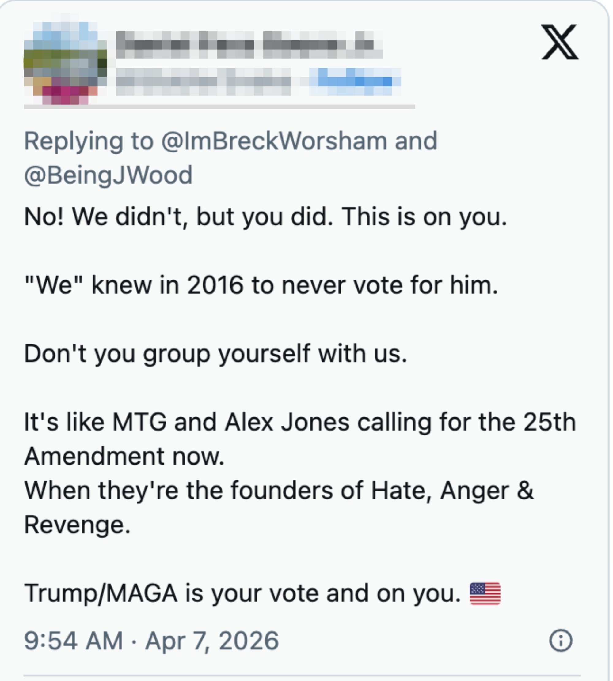 Tweet criticizing Trump supporters for voting, referencing MTG, Alex Jones, and suggesting irony successful  calling for the 25th Amendment