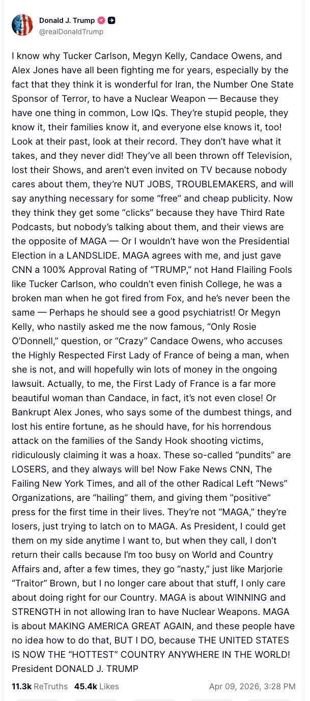 Summary of social media post expressing opinions about media personalities and their stance on political matters, mentions various TV hosts and themes