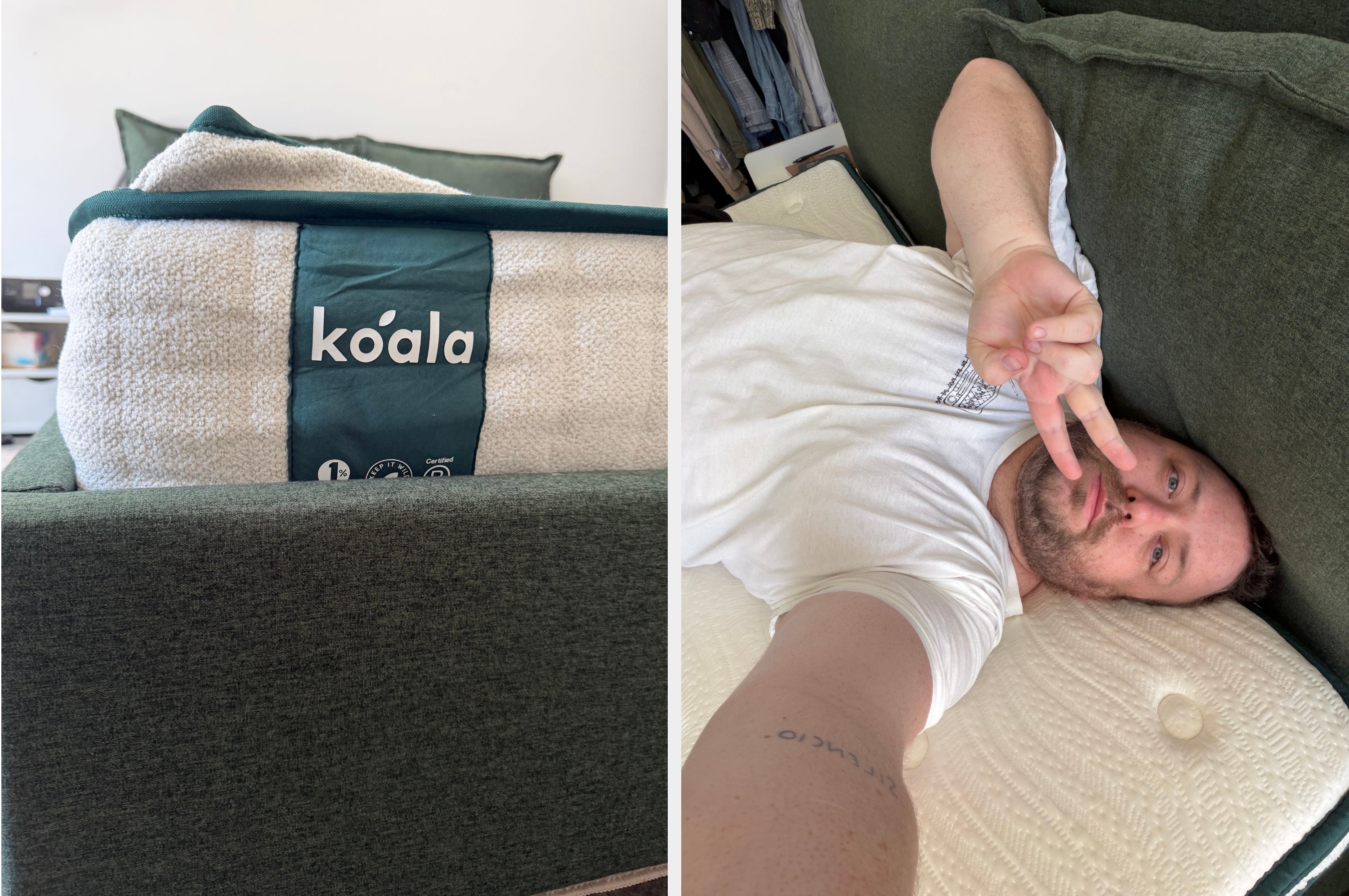 A person lying on a mattress, taking a selfie and showing a peace sign. They are wearing a casual white shirt