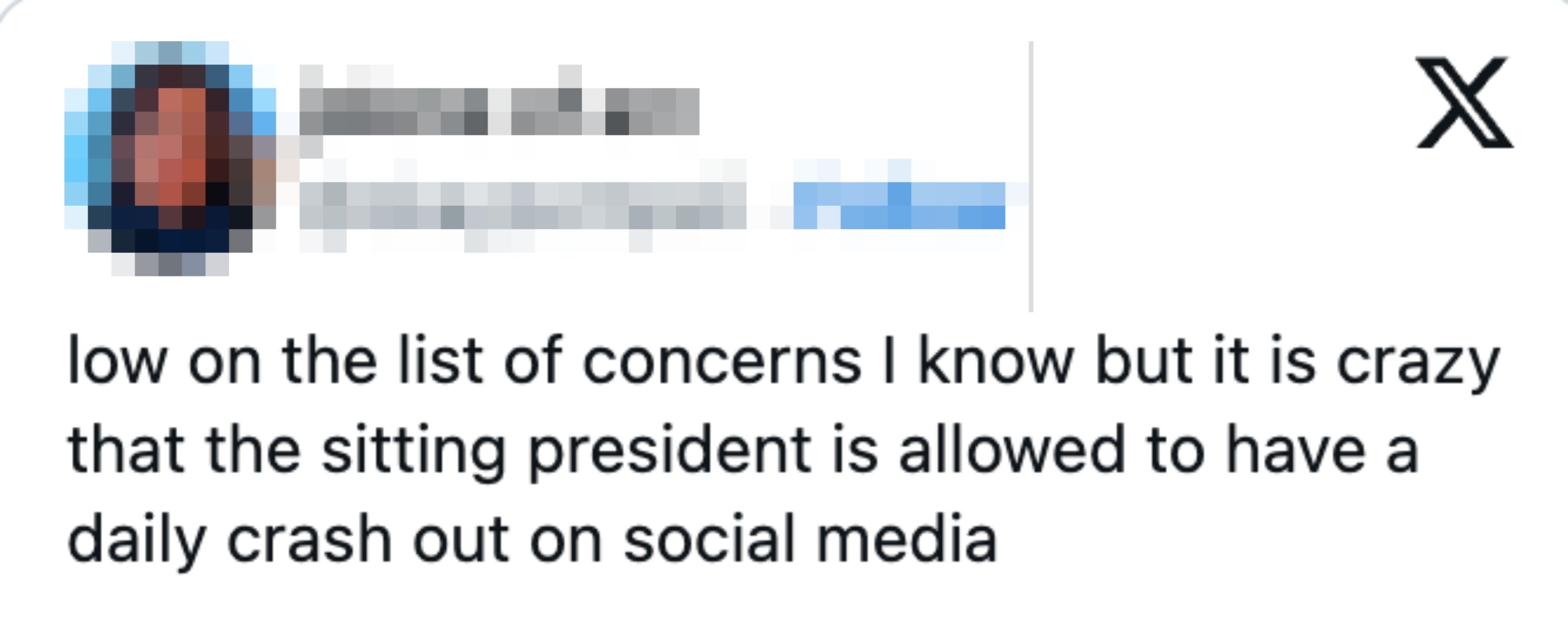 Tweet som uttrykker overraskelse over at den sittende presidenten åpenlyst opplever problemer på sosiale medier