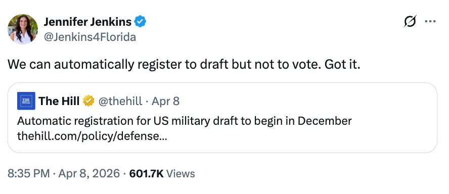 Tweet questioning automatic draught registration but not voting rights, responding to a quality nonfiction astir automatic subject draught registration starting successful December