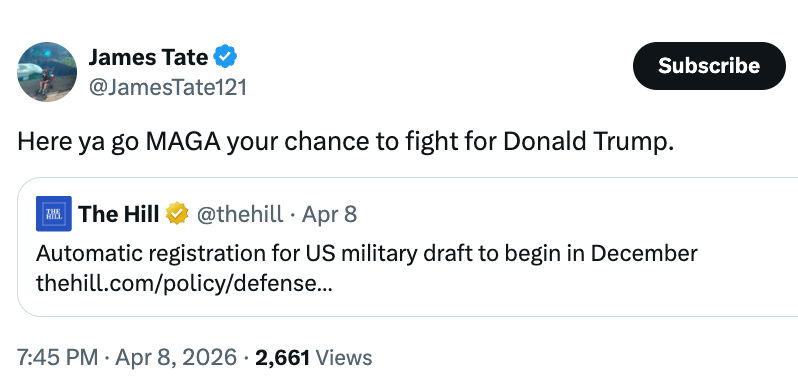 Tweet by @JamesTate121 sharing a nexus to an nonfiction astir automatic US subject draught registration starting successful December