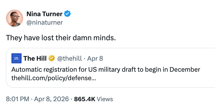 Tweet by Nina Turner expressing disagreement with quality of automatic US subject draught registration