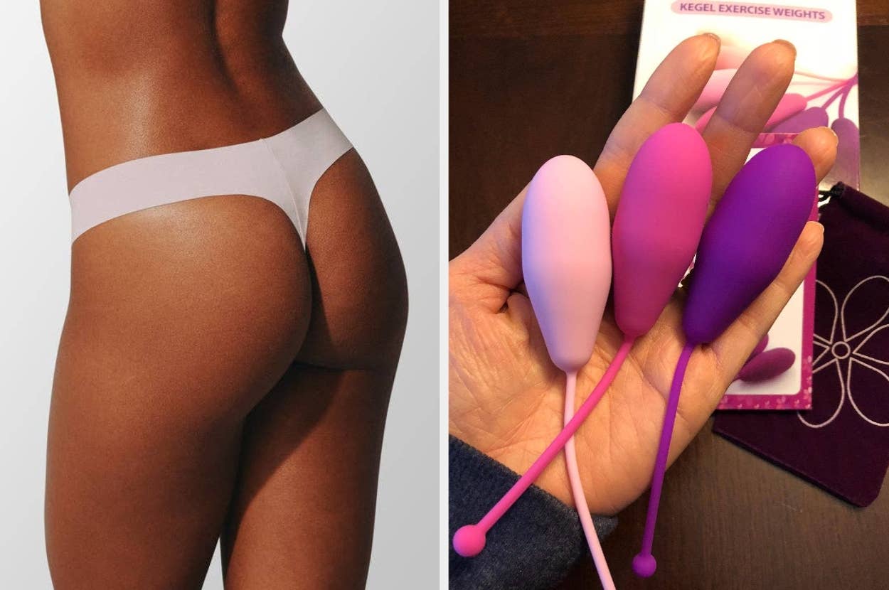 A model in thong underwear is shown alongside three kegel exercise weights in different shades, featured for a shopping article