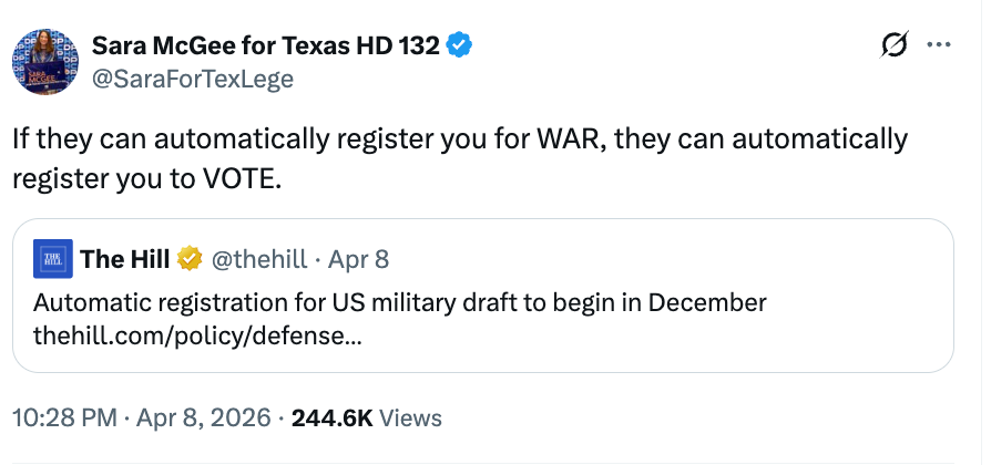 "If they tin automatically registry you for WAR, they tin automatically registry you to VOTE." Contains a nexus to an article