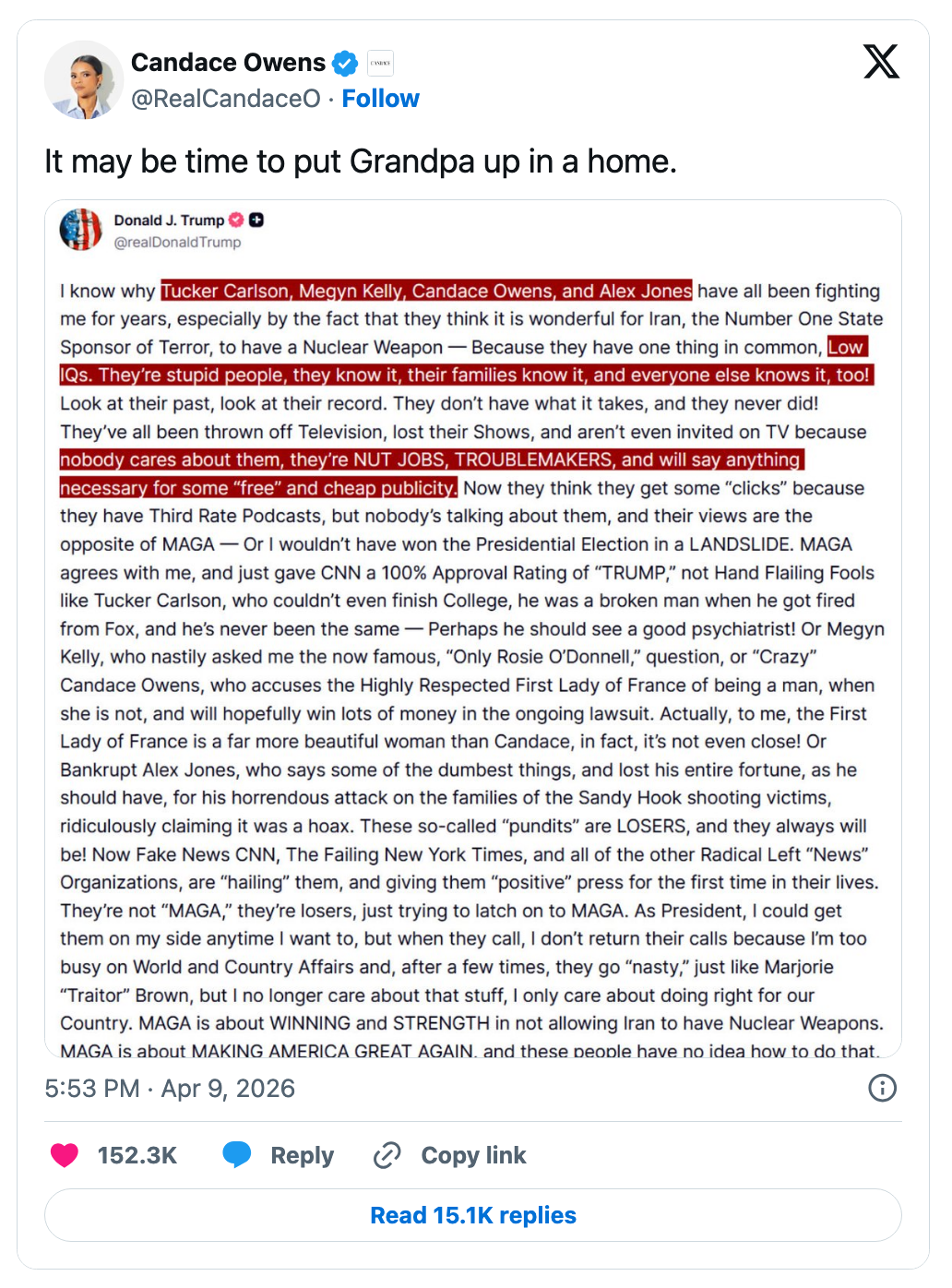 Tweet av Donald Trump som kritiserer Tucker Carlson, Megyn Kelly, Candace Owens og Alex Jones, og kaller dem uintelligente og mangler popularitet