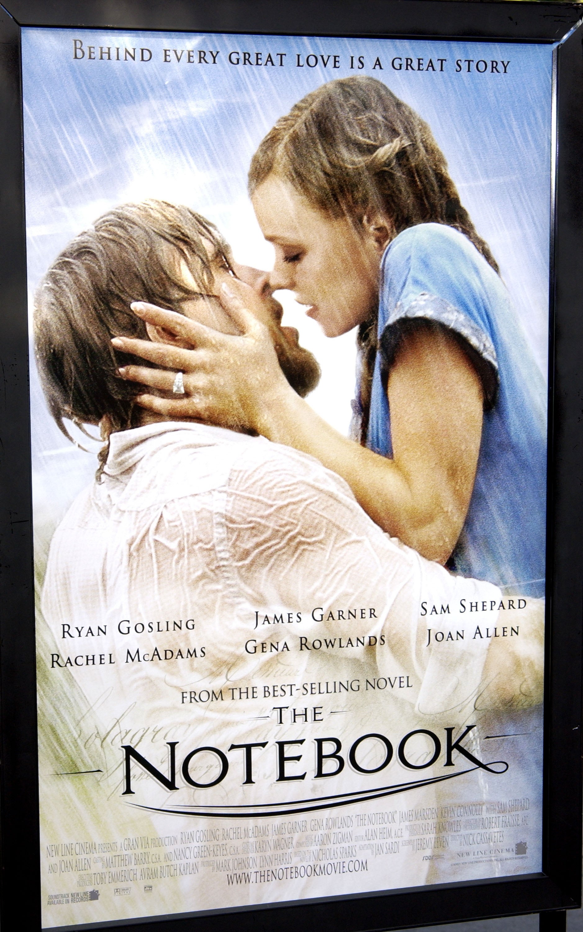 Movie poster for "The Notebook" shows a mates kissing successful the rain. Cast includes Ryan Gosling, Rachel McAdams, James Garner, Gena Rowlands