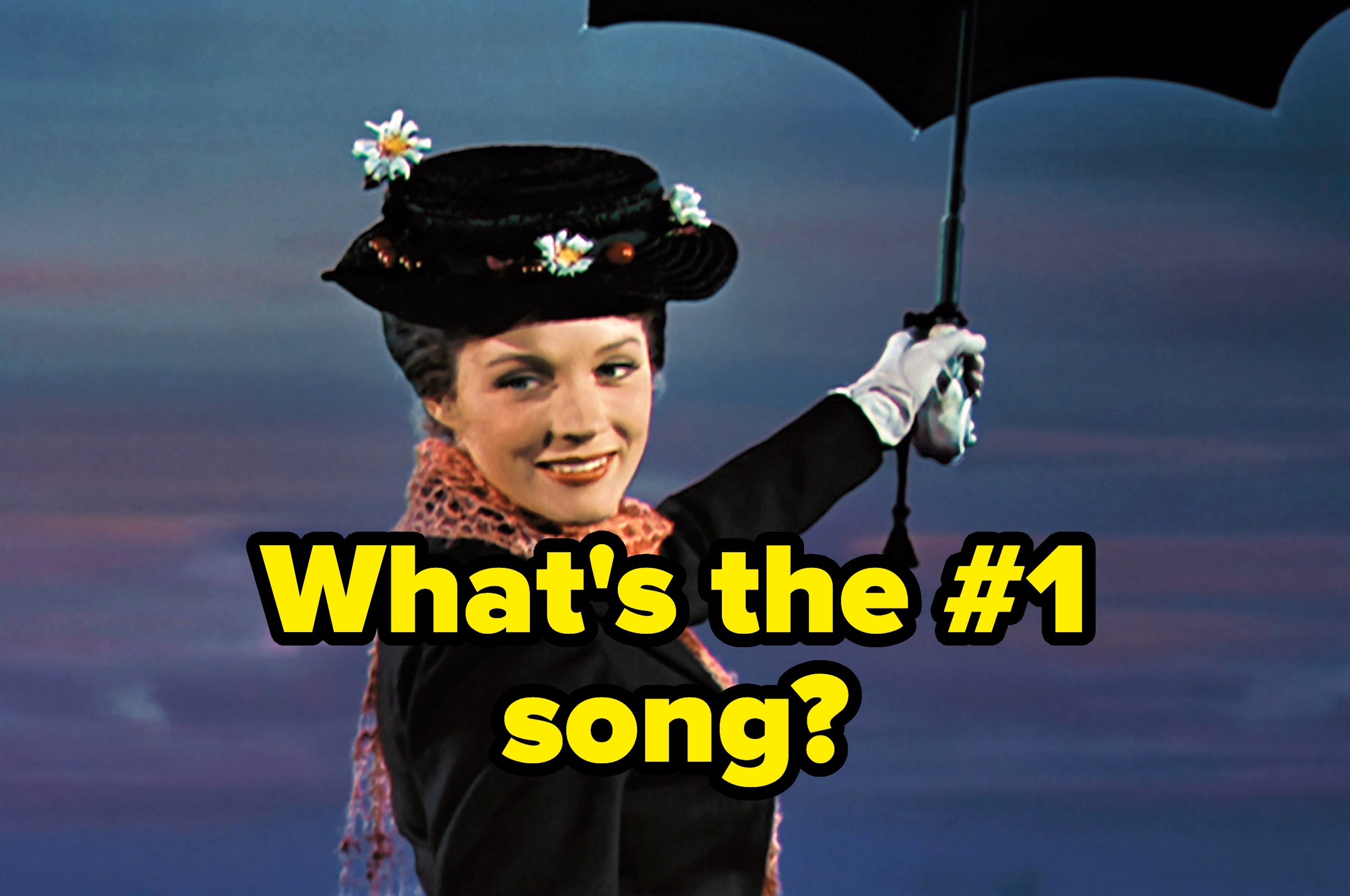 Person in classic attire holding an umbrella, with text "What's the #1 song?" overlaid