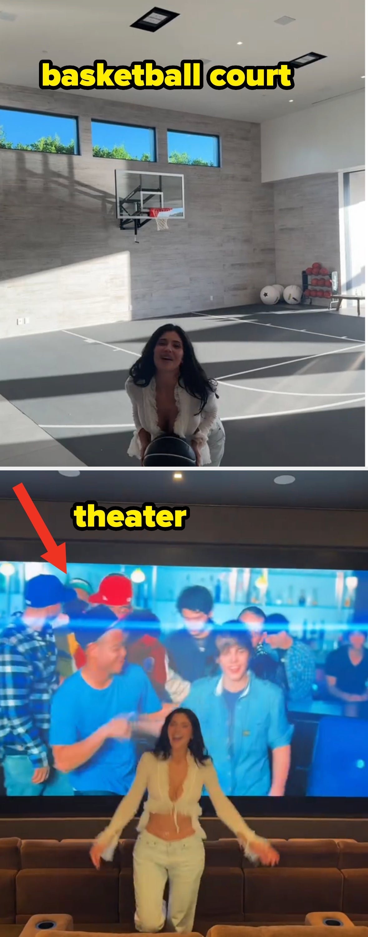 Kylie Jenner poses with a hoops successful a modern indoor tribunal with ample windows and gym instrumentality vs Kylie Jenner smiles successful a location movie theatre with a Justin Bieber euphony video connected the screen