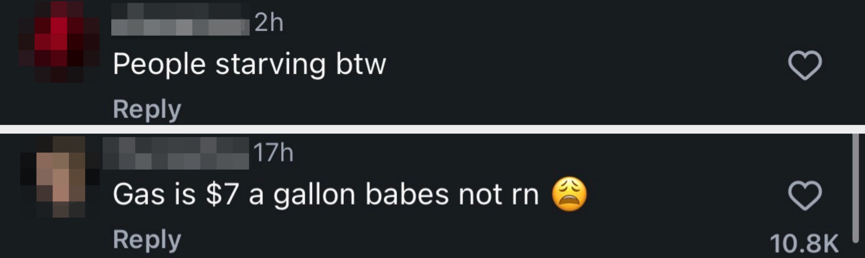 Instagram remark stating, "People starving btw."