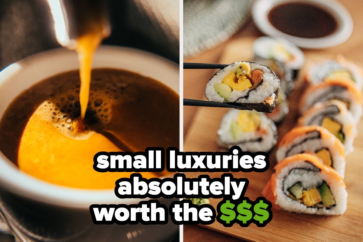 Split image of espresso being brewed and sushi rolls, text overlay: small luxuries absolutely worth the $$$