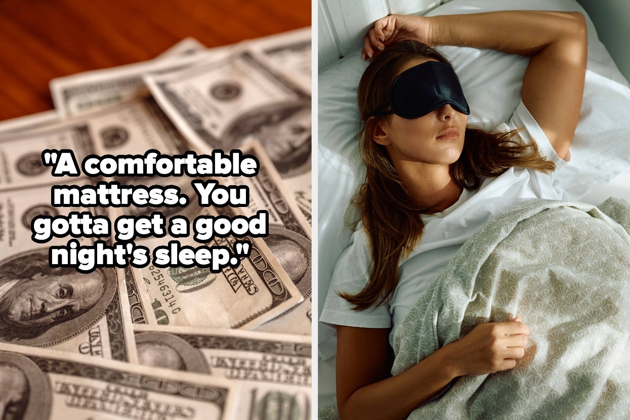 Split image of $100 bills and a woman sleeping with an eye mask in bed, text overlay: "A comfortable mattress. You gotta get a good night's sleep."