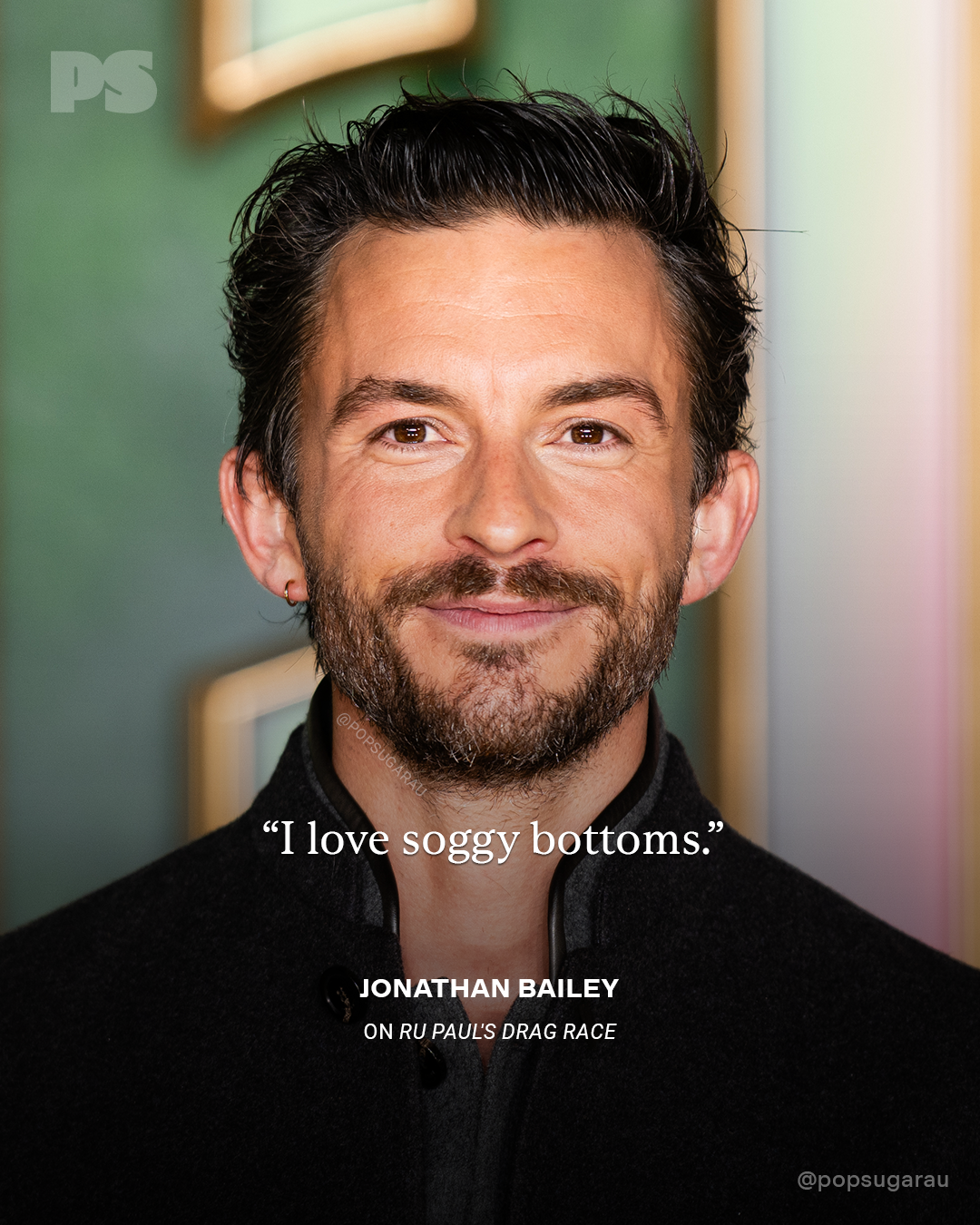  "I emotion  soggy bottoms." Underneath, it says Jonathan Bailey connected  RuPaul's Drag Race