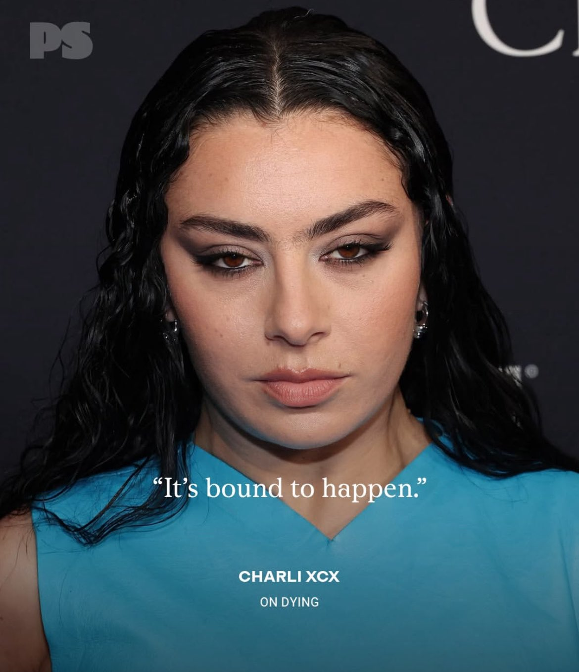 Charli XCX connected  a reddish  carpet successful  a sleek, sleeveless outfit with the quote, "It's bound to happen." Text reads "ON DYING."