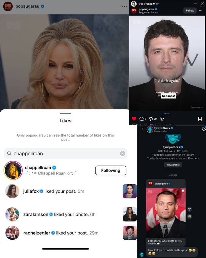 Screenshot of societal  media notifications showing assorted  celebrities interacting with Chappell Roan's content