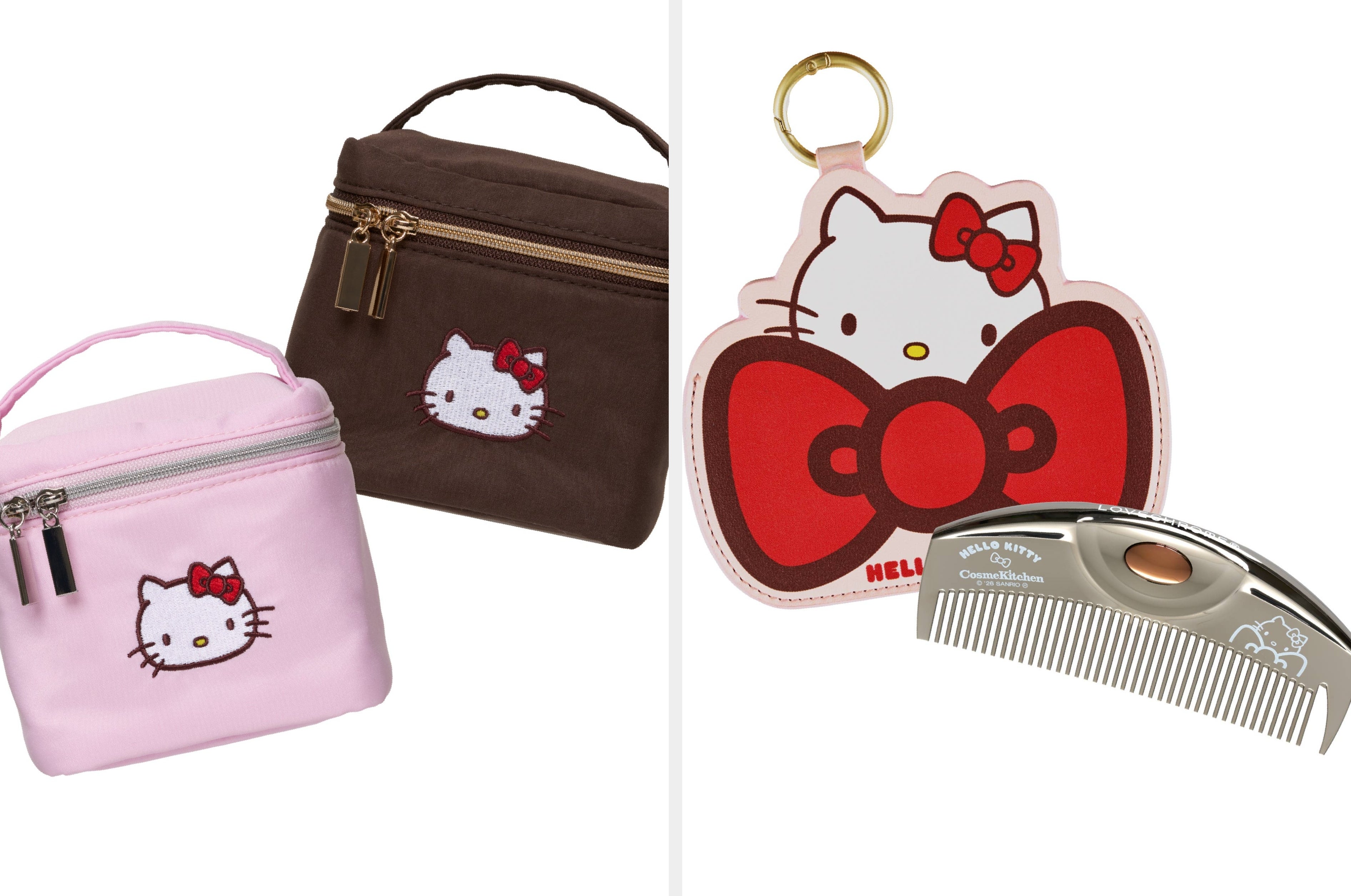 ハローキティの刺繍が施されたピンクとブラウンのポーチ。バッグスタイルを示すテキストあり。