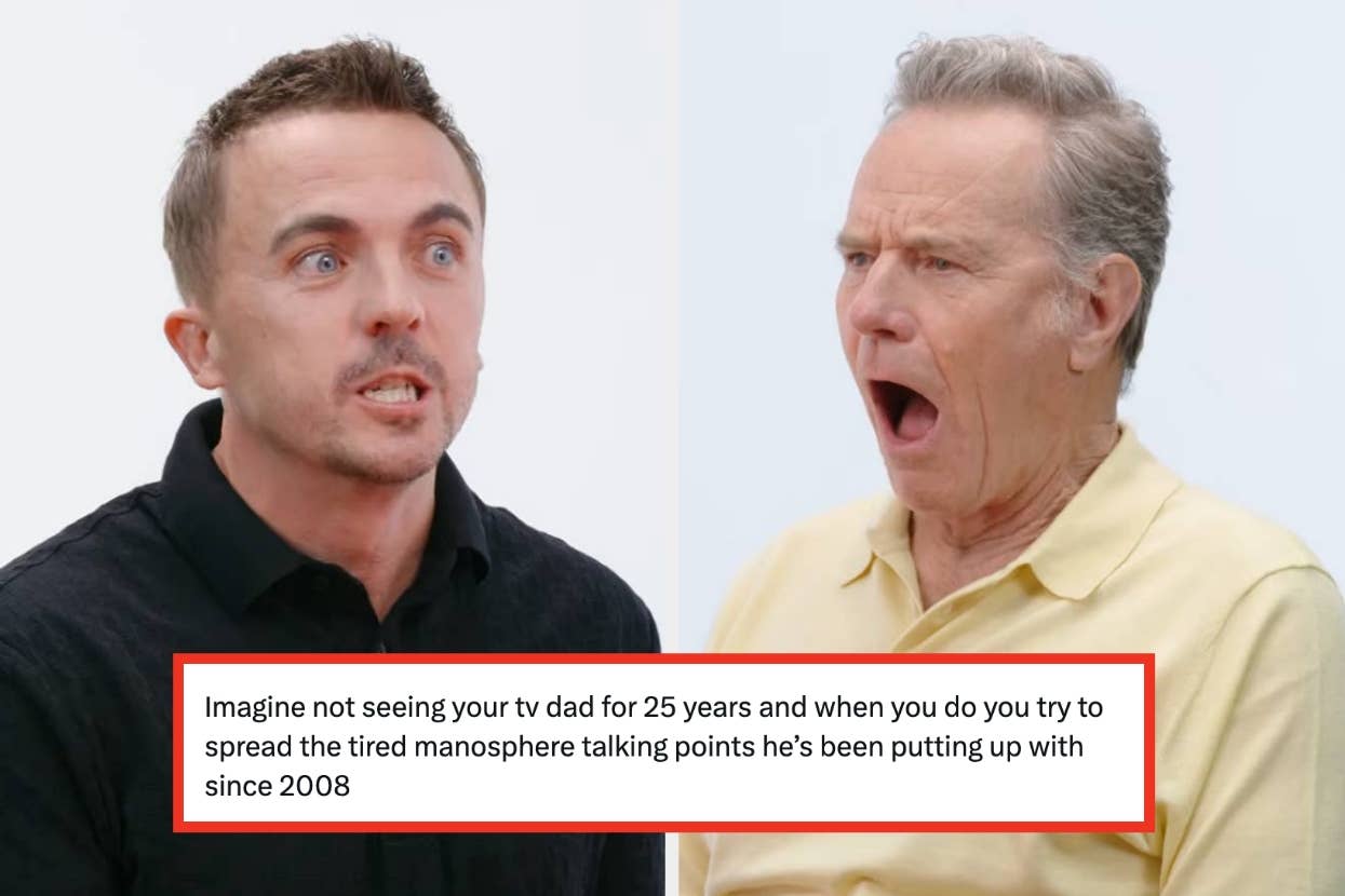 Left: Frankie Muniz looking angry. Right: Bryan Cranston looking shocked. Tweet: "Imagine not seeing your tv dad for 25 years and when you do you try to spread the tired manosphere talking points he’s been putting up with since 2008"