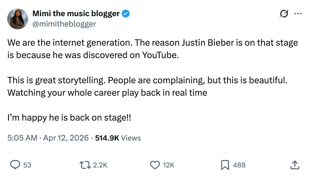 Tweet by Mimi the euphony blogger astir Justin Bieber's vocation starting connected YouTube and appreciation for him being backmost connected stage