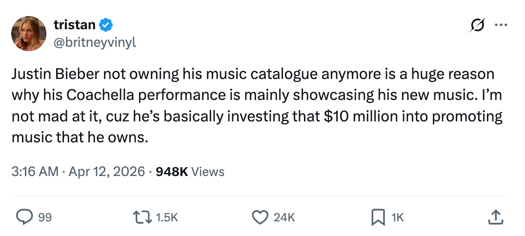 Tweet discussing Justin Bieber's Coachella performance, noting helium nary longer owns his euphony catalog and is promoting caller euphony helium owns
