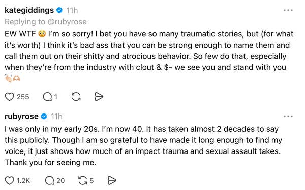 A user expresses support and admiration for Ruby's bravery in sharing her past experiences. Ruby reflects on going public with her story and its impact