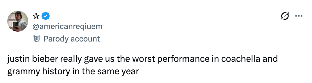 Tweet from a parody relationship jokingly criticizes Justin Bieber's Coachella and Grammy performances