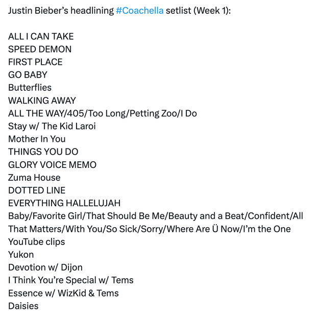 Setlist for Justin Bieber's Coachella (Week 1) includes hits similar "Stay" with The Kid Laroi and "Essence" with WizKid & Tems