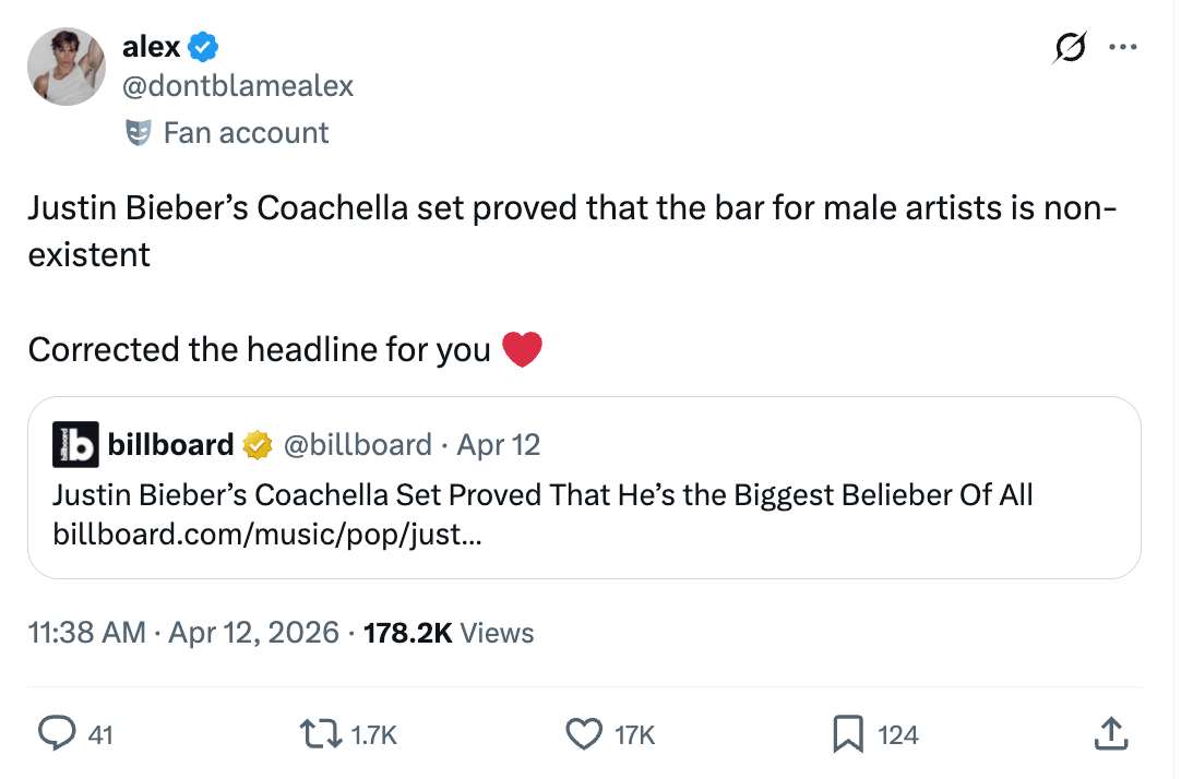 Tweet criticizing Justin Bieber's Coachella show arsenic subpar, responding to a Billboard tweet praising him