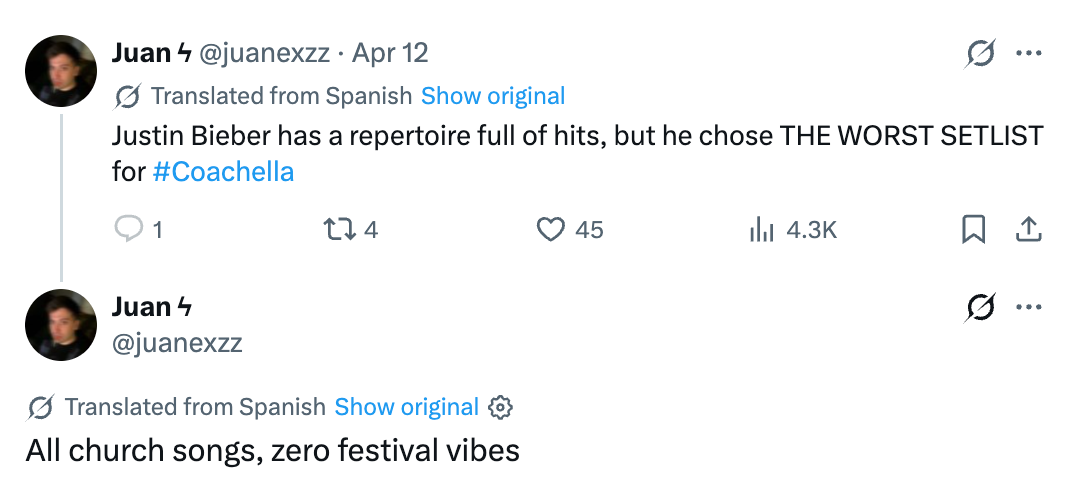 Tweet criticizing Justin Bieber's Coachella setlist, stating it lone included religion songs, lacking festival vibes