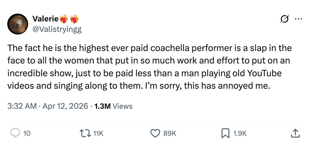 Tweet expressing vexation astir Coachella's top-paid performer earning much than hardworking women performers