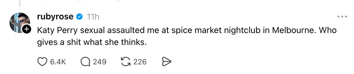 Ruby Rose's tweet claims Katy Perry sexually assaulted them astatine  Spice Market nightclub, Melbourne