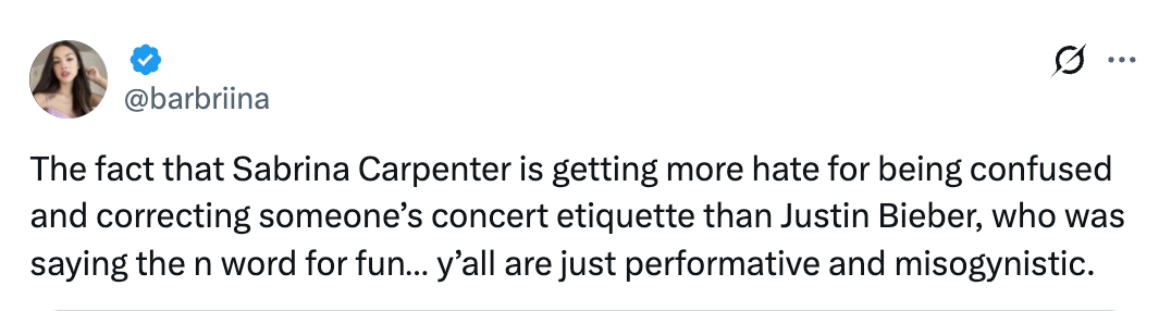 Tweet discussing disapproval towards Sabrina Carpenter for correcting performance etiquette, contrasting it with past disapproval of Justin Bieber's behavior
