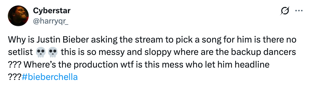 Tweet criticizing Justin Bieber's performance, mentioning deficiency of setlist and backup dancers, calling the lawsuit messy