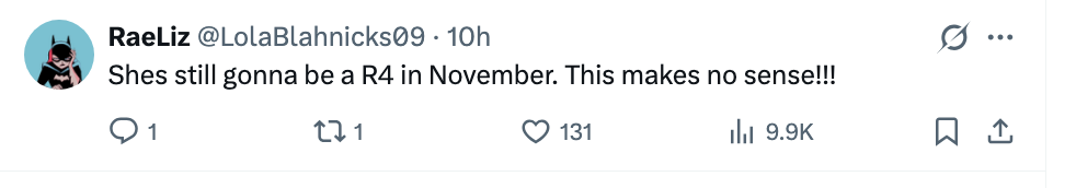 A tweet expressing disorder  implicit    idiosyncratic    remaining an "R4" successful  November, with engagement metrics shown