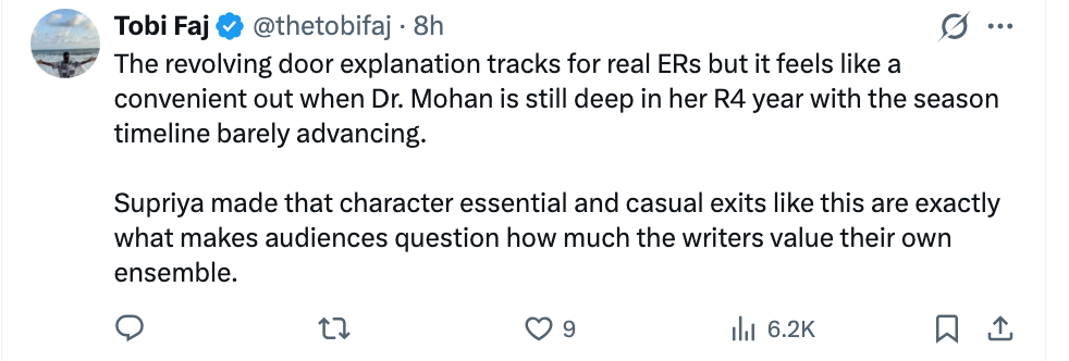 A tweet discusses a quality  named Dr. Mohan and spectator  perceptions astir  the consistency of storytelling successful  a show