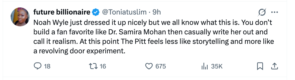 Tweet by idiosyncratic    criticizing a show, mentioning Noah Wyle, Dr. Samira Mohan, and The Pitt, noting a deficiency  of storytelling