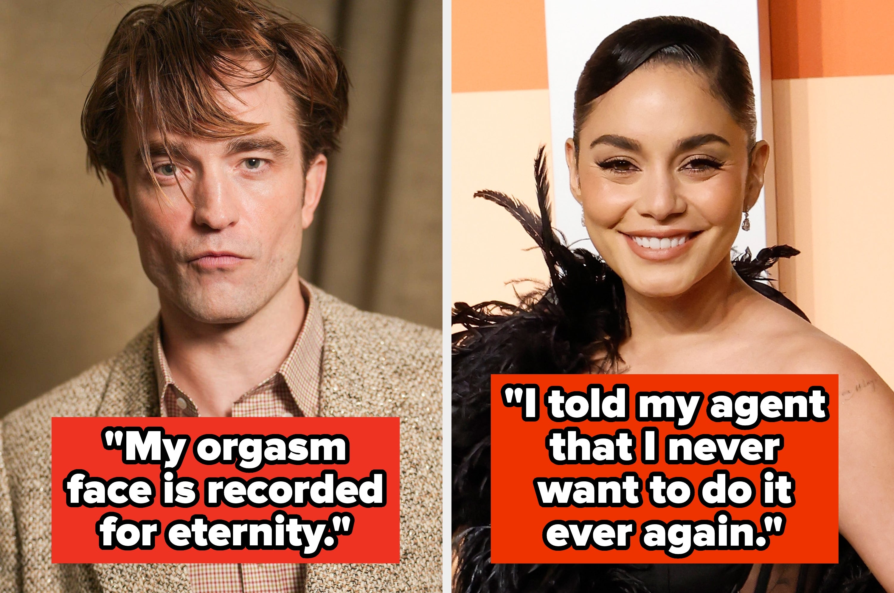 Split image of Robert Pattinson and Megan Fox on the red carpet, text overlays: "My orgasm face is recorded for eternity." / "Things the women are required to do in the movie are things I can't have my sons ever know or see."