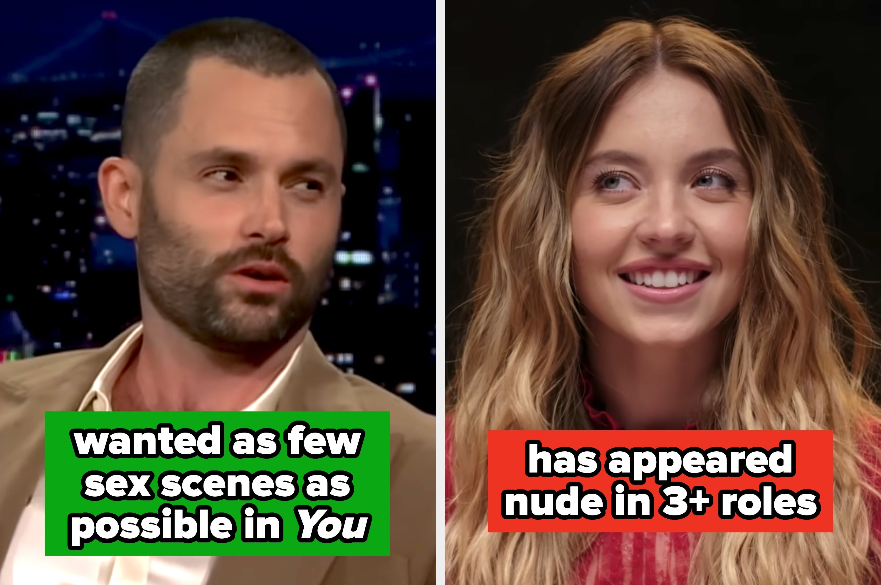 Split image of Penn Badgley and Sydney Sweeney on the red carpet, text overlay: celebs who won't film sex scenes vs. ones who bared it all
