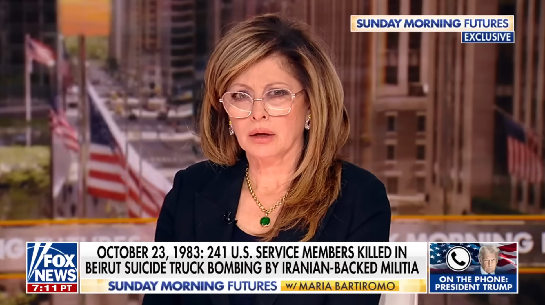 News anchor sits astatine a table with a header astir the 1983 Beirut bombing sidesplitting 241 U.S. work members. Screen shows exclusive interview