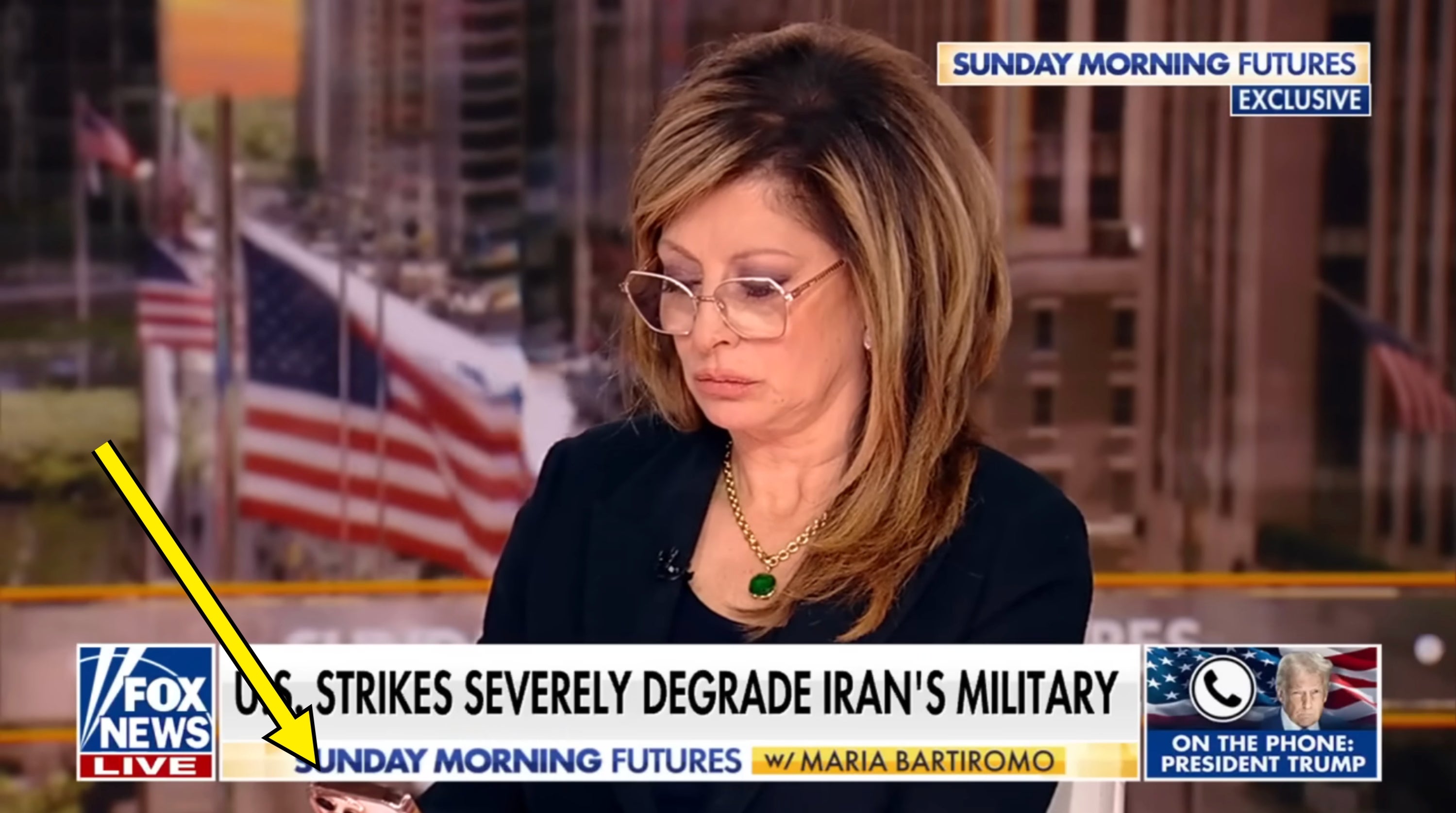 A TV quality conception featuring a pistillate with glasses discussing U.S. subject strikes connected Iran. Subtext indicates a telephone interrogation with a guest